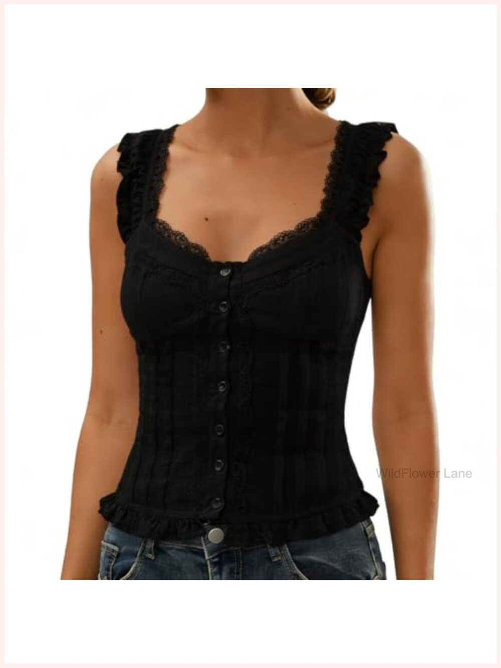 Lace Trim Babydoll Tank Top Backless Button Down Sleeveless Ruffle Crop Vest